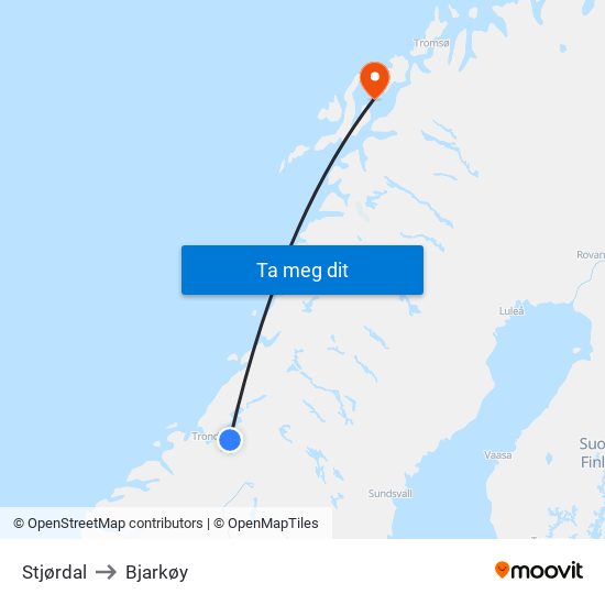 Stjørdal to Bjarkøy map
