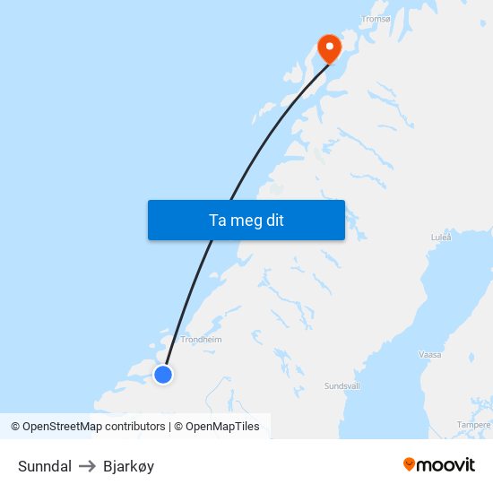 Sunndal to Bjarkøy map