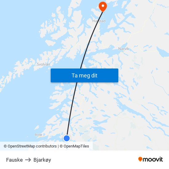 Fauske to Bjarkøy map
