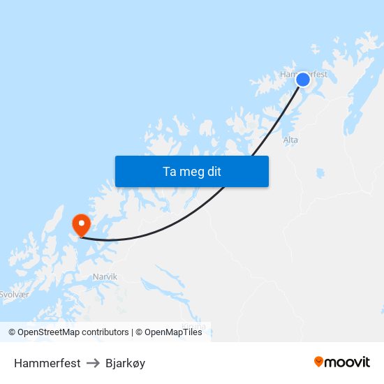 Hammerfest to Bjarkøy map