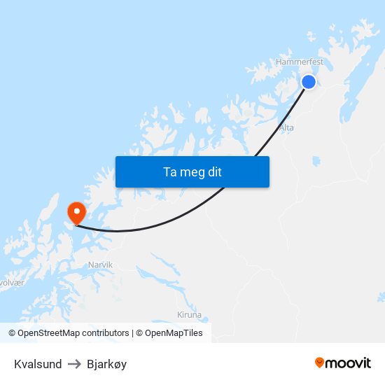 Kvalsund to Bjarkøy map