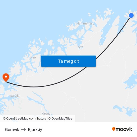 Gamvik to Bjarkøy map