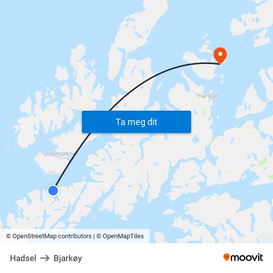 Hadsel to Bjarkøy map