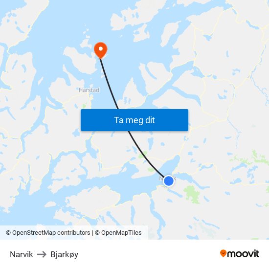 Narvik to Bjarkøy map