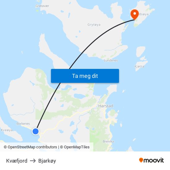 Kvæfjord to Bjarkøy map