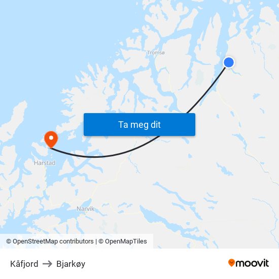 Kåfjord to Bjarkøy map