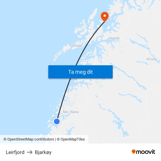 Leirfjord to Bjarkøy map