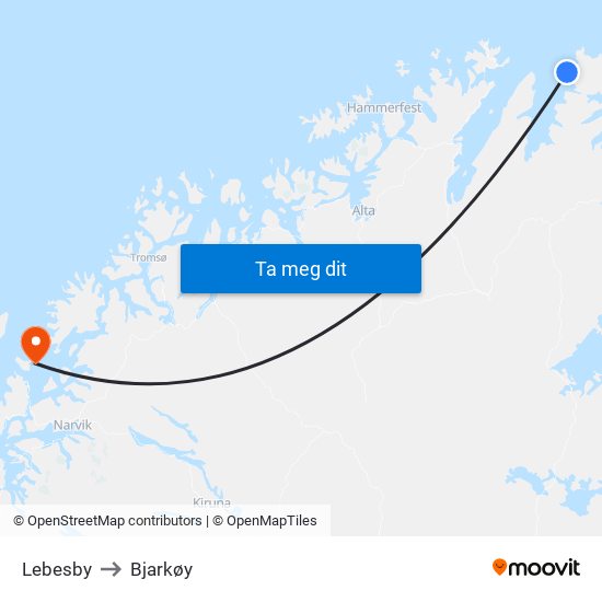 Lebesby to Bjarkøy map