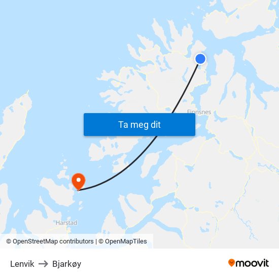 Lenvik to Bjarkøy map