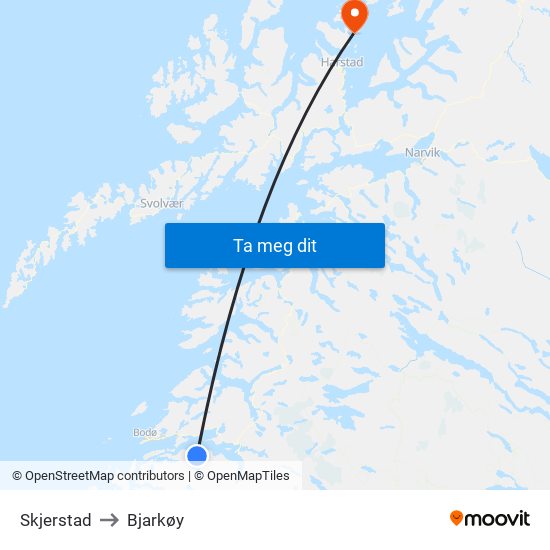 Skjerstad to Bjarkøy map