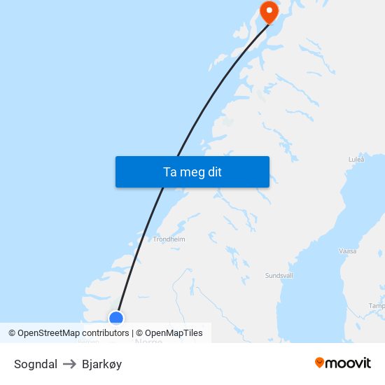 Sogndal to Bjarkøy map