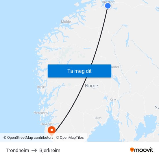 Trondheim to Bjerkreim map