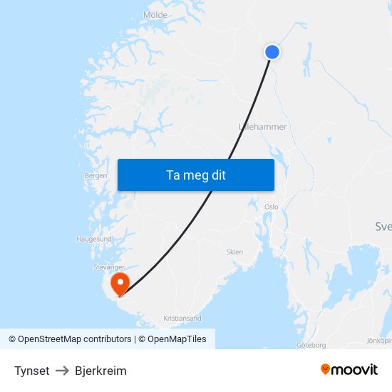 Tynset to Bjerkreim map