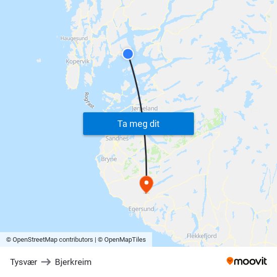 Tysvær to Bjerkreim map