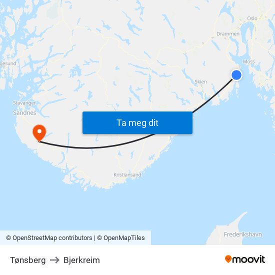 Tønsberg to Bjerkreim map