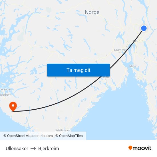 Ullensaker to Bjerkreim map