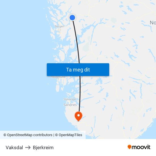 Vaksdal to Bjerkreim map