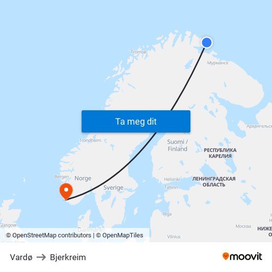 Vardø to Bjerkreim map