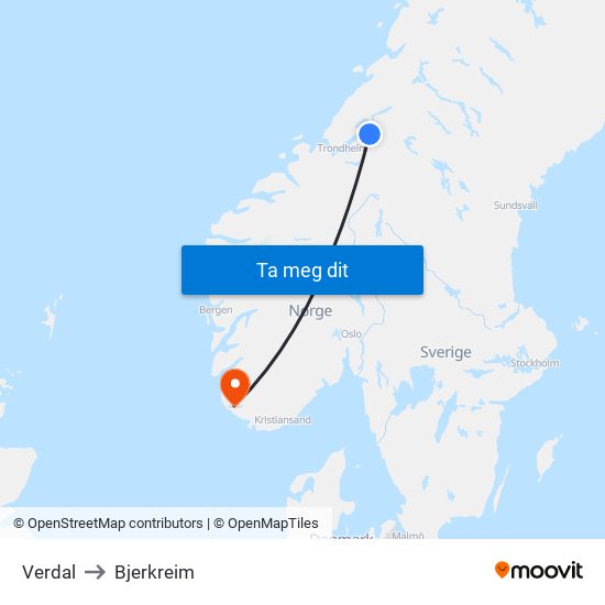 Verdal to Bjerkreim map