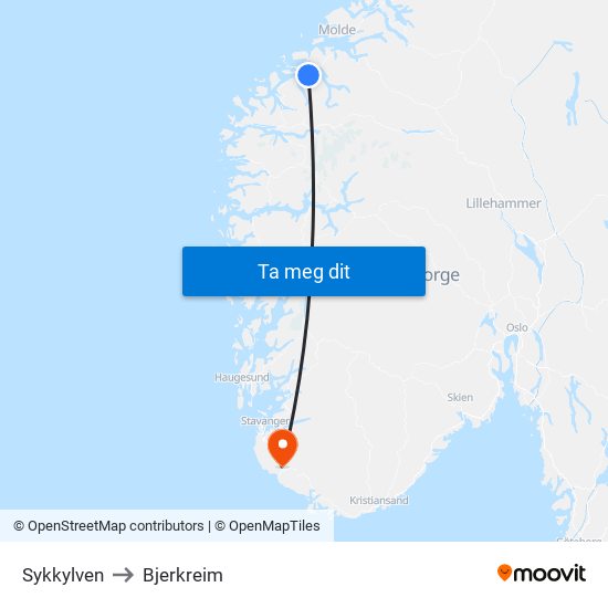 Sykkylven to Bjerkreim map
