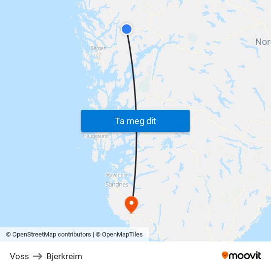 Voss to Bjerkreim map