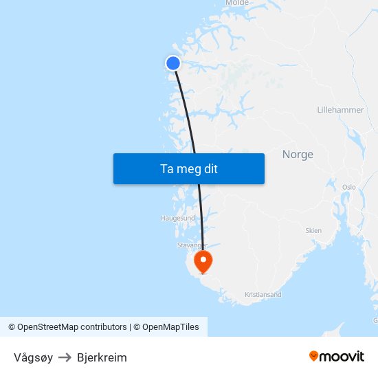 Vågsøy to Bjerkreim map