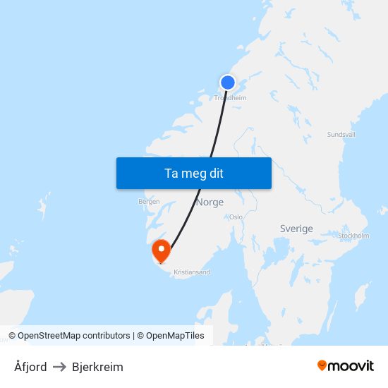 Åfjord to Bjerkreim map