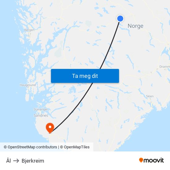 Ål to Bjerkreim map