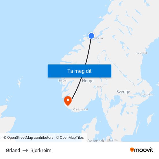 Ørland to Bjerkreim map