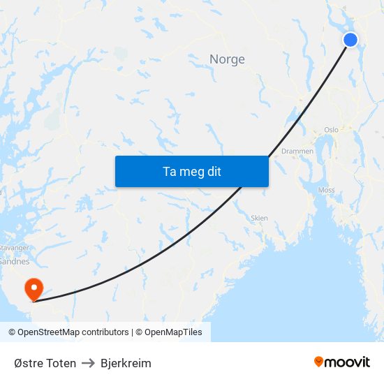 Østre Toten to Bjerkreim map