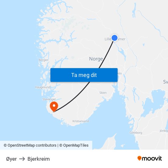 Øyer to Bjerkreim map