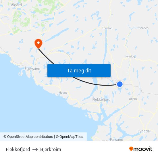 Flekkefjord to Bjerkreim map