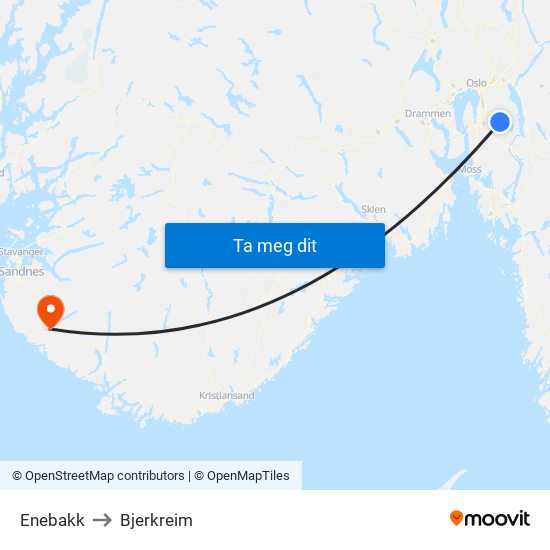 Enebakk to Bjerkreim map