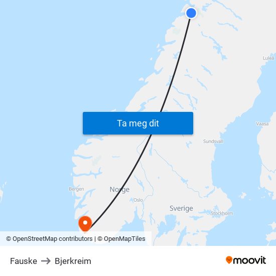 Fauske to Bjerkreim map