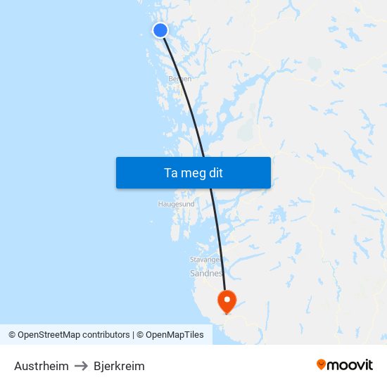 Austrheim to Bjerkreim map