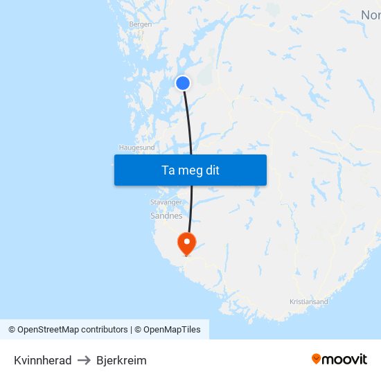 Kvinnherad to Bjerkreim map