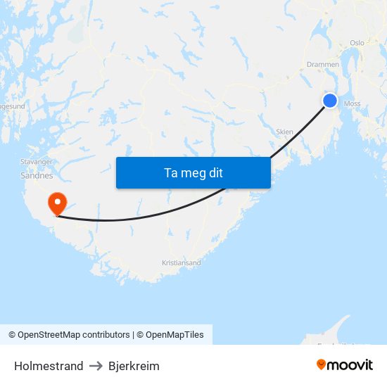 Holmestrand to Bjerkreim map