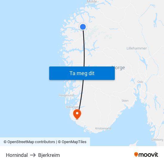 Hornindal to Bjerkreim map