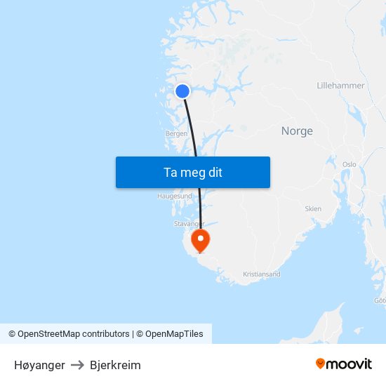 Høyanger to Bjerkreim map