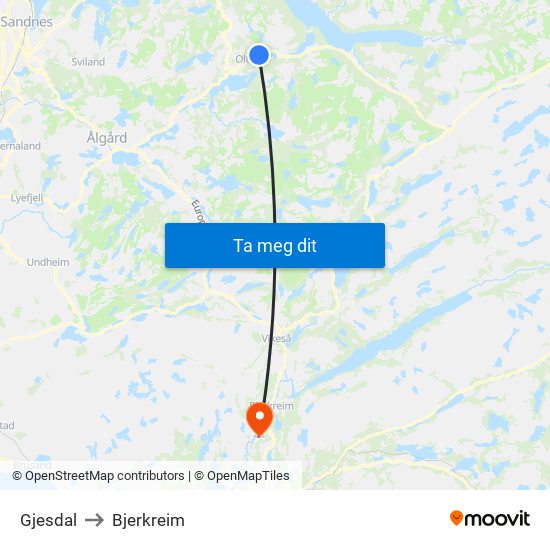 Gjesdal to Bjerkreim map