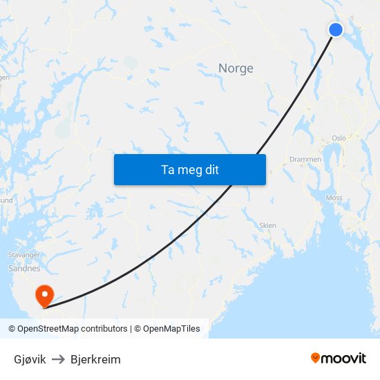 Gjøvik to Bjerkreim map