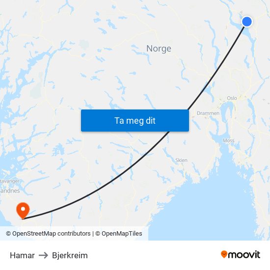 Hamar to Bjerkreim map