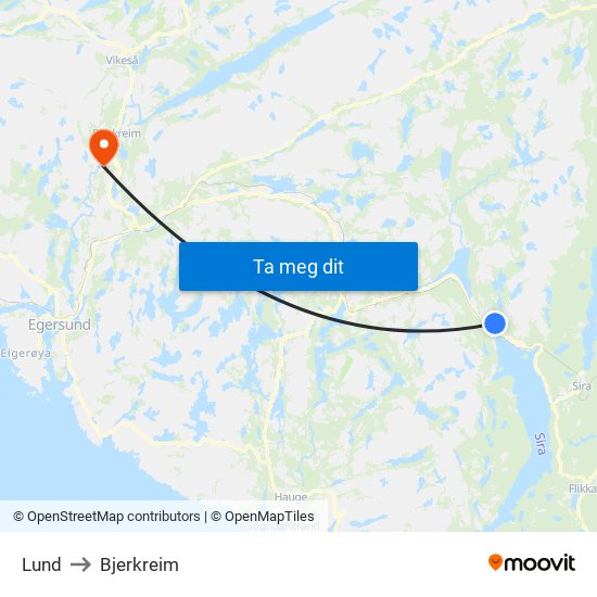 Lund to Bjerkreim map