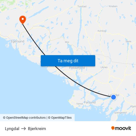 Lyngdal to Bjerkreim map