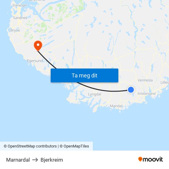 Marnardal to Bjerkreim map