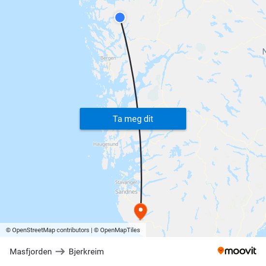 Masfjorden to Bjerkreim map