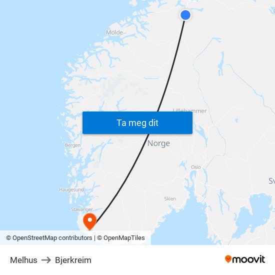 Melhus to Bjerkreim map