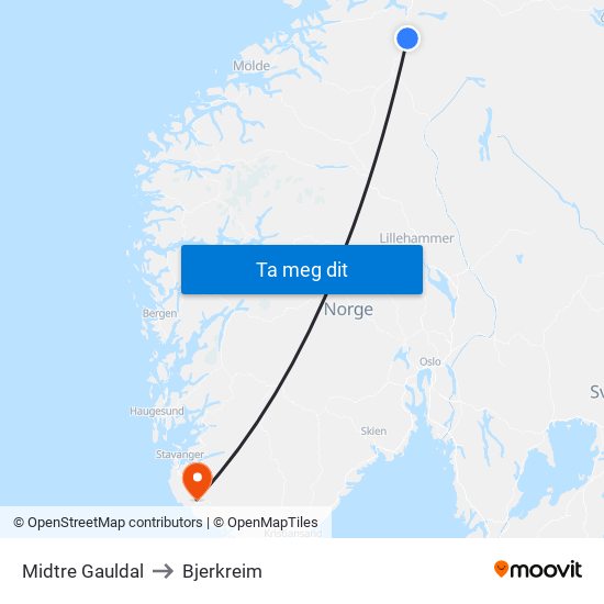 Midtre Gauldal to Bjerkreim map