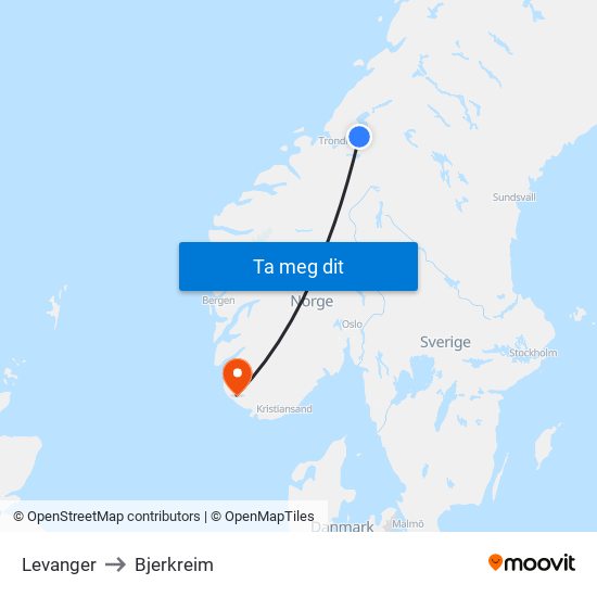 Levanger to Bjerkreim map