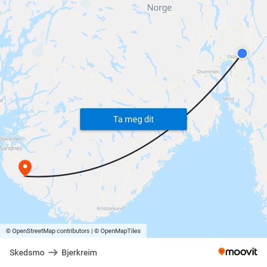 Skedsmo to Bjerkreim map